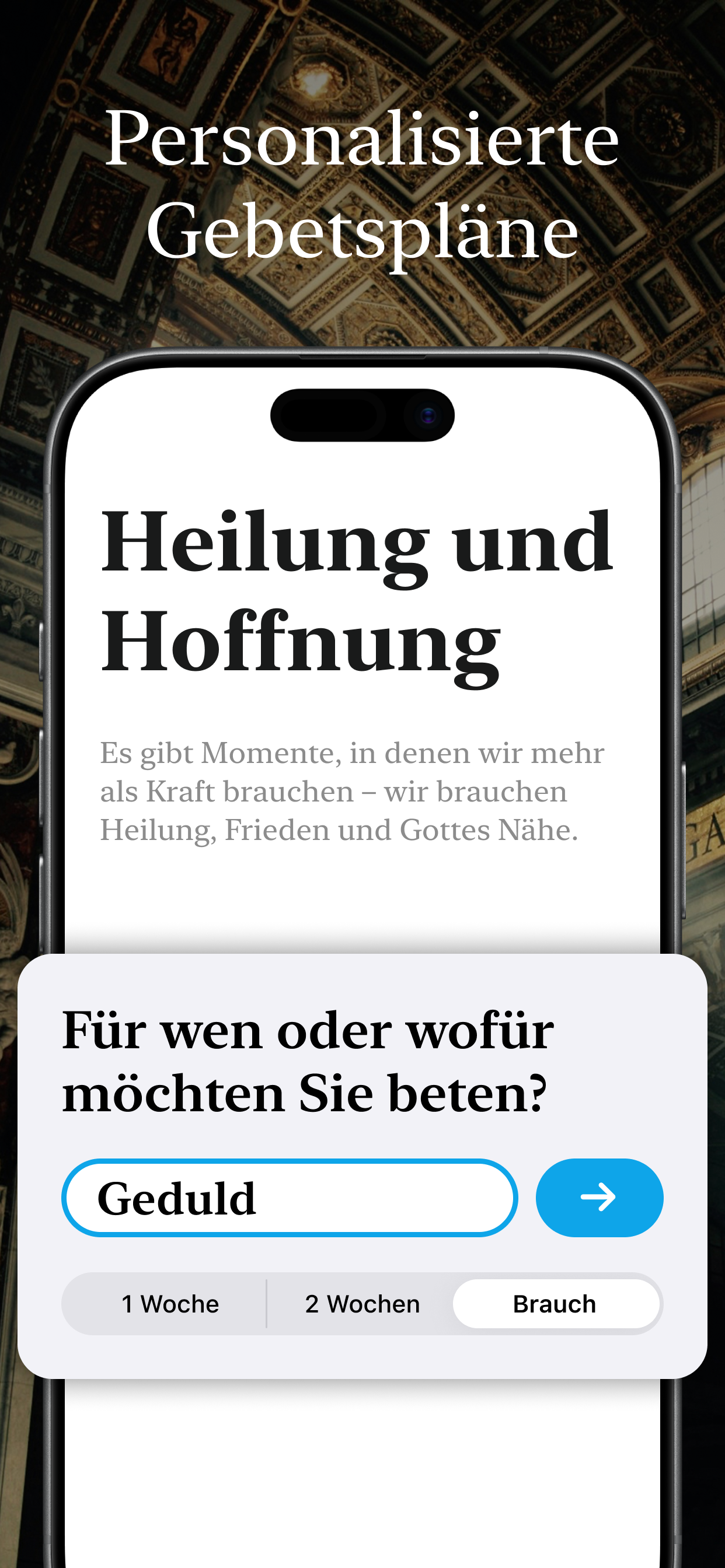 Vorschau der katholischen App Corvia - Startbildschirm für Gebet und Novenenliste
